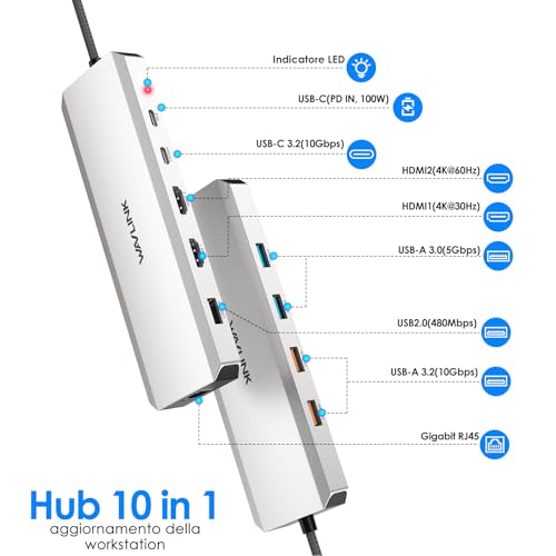 Docking station per laptop, Hub USB C 10G con doppio HDMI, PD in 100W, USB-A/C 3.2 10Gbps, USB-A 5Gbps, USB2.0, Gigabit Ethernet per Dell/HP/Lenovo ecc, solo computer Windows Systerm - Hub USB - Immagine 1