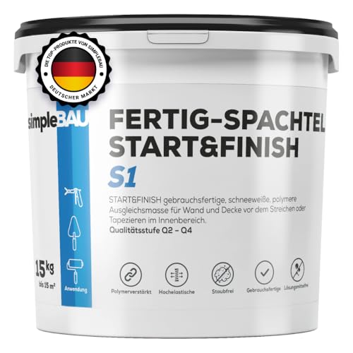 simpleBAU Spachtelmasse Weiß Innen 15 kg – Gebrauchsfertige Fertigspachtel für Wand & Decke, Polymer-Spachtelmasse Start&Finish – Glätten, Füllen & Reparieren, Staubfrei & Leicht Schleifbar