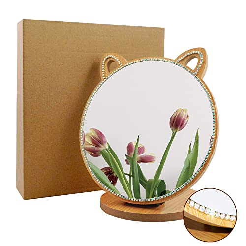 Espejo de maquillaje con base de madera y forma de gato miniatura 3