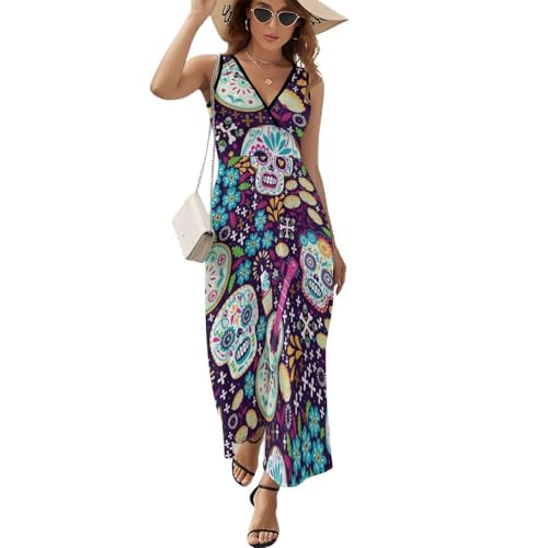 Cmagnifico Vestido sin mangas, vestido con patrón de camuflaje, vestido largo casual de verano con cuello en V para laydies, Día de Muertos mexicano, XL
