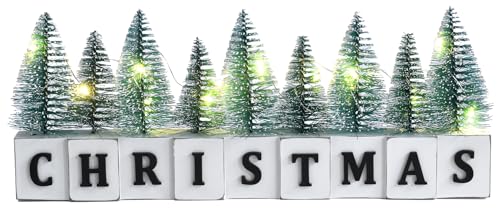 LED Lighted Christmas Tree Tabletop Decoration, Rustic Wooden Christmas Decor with Mini Trees, Xmas Sign Block Table Farmhouse Winter Holiday Centerpiece for Indoor Mantel, Shelf (Green)