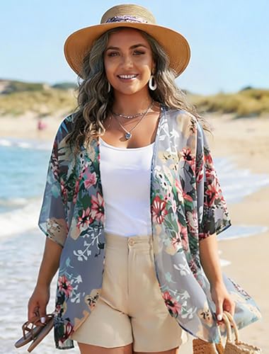 Image of Women's Floral Print Puff Sleeve Kimono Cardigan Loose Cover Up Casual Blouse Tops 2026