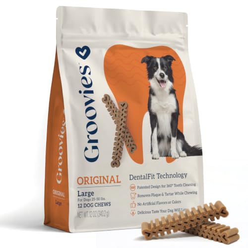 Groovies Original Large Flexible Dog Dental Chews Oral Care 25-50 lbs 12Ct