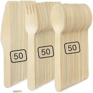 150-Piece Disposable Wooden Cutlery Set [50 Forks, 50 Spoons, 50 Knives] Eco Friendly Biodegradable Compostable Supplies, Camping BBQ - Use with Party Paper Plates, Plastic Cups,Paper Bowls