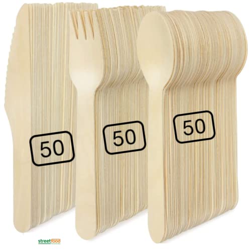Couverts Jetables En Bois 150 Pcs (50 Fourchettes, 50 Cuillères, 50 Couteaux), Longueur 15 Cm, Compostables, Ecologiques - Soirées, Evénements, pour Assiettes en Feuilles de Palmier, Gobelets Carton Cover