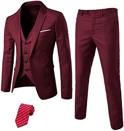 EastSide Men's Slim Fit 3 Pieces Suit, One Button Blazer Set, Jacket Vest & Pants Burgundy, Medium