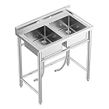 JustSmart 36' x 21' x 40' Stainless Steel Utility Sink, Freestanding Sink with 2 Compartments NSF Commercial Kitchen Sink Prep & Utility Double Bowl Sinks for Garage, Restaurant, Laundry