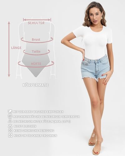 ALGALAROUND Bodys für Damen Body Kurzarm Eng Bodysuit mit Classic Rundhalsausschnitt Baumwolle ELegant Damenbody Women T-shirts Tops Oberteil Weiß XS