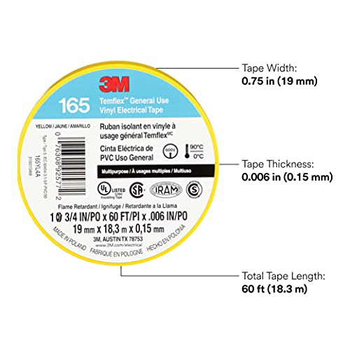 Image of 3M Temflex Vinyl Electrical Tape 165, 3 /4 in x 60 ft, Yellow, 10 Roll Pack
