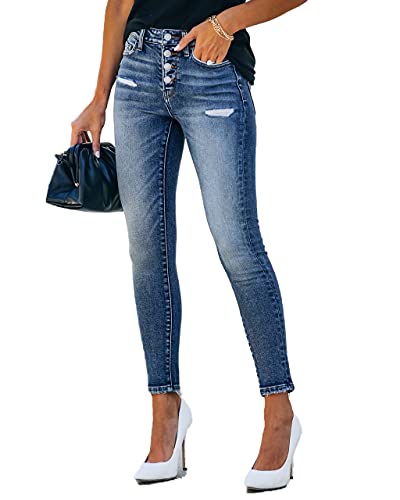 Allimy Women's High Waist Skinny Stretch Ripped Jeans Destroyed Denim Pants 10 #TOP2
