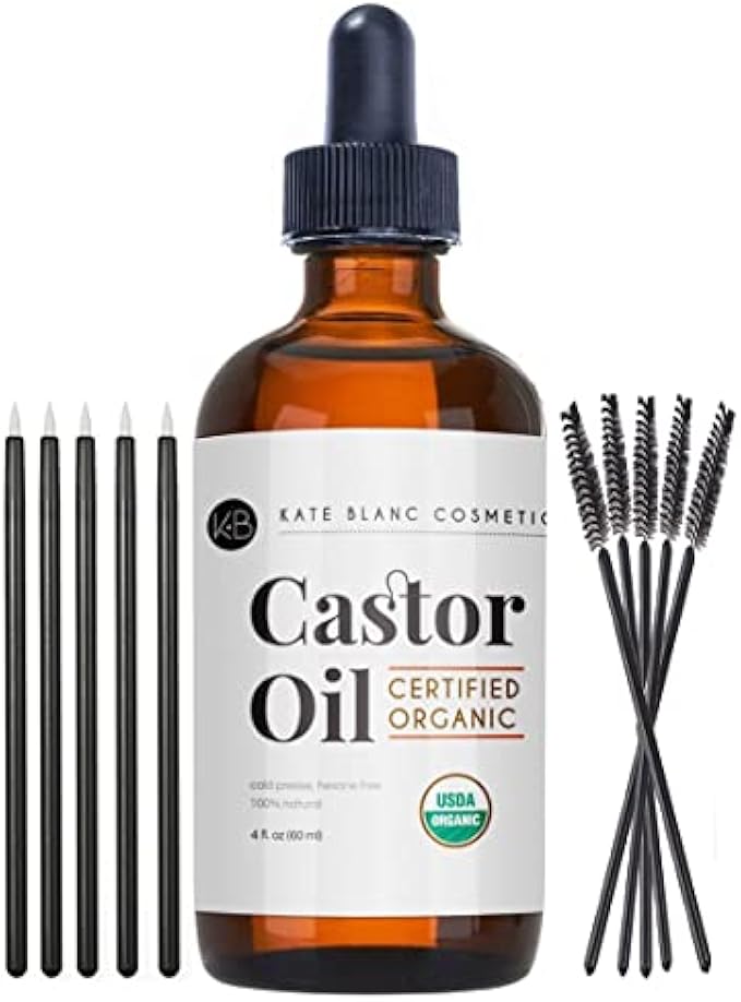 Organic Castor Oil (4oz), USDA Certified, 100% Pure, Cold Pressed, Hexane Free by Kate Blanc. Stimulate Growth for Eyelashes, Eyebrows, Hair. Skin Moisturizer & Oil Cleanse with Starter Kit