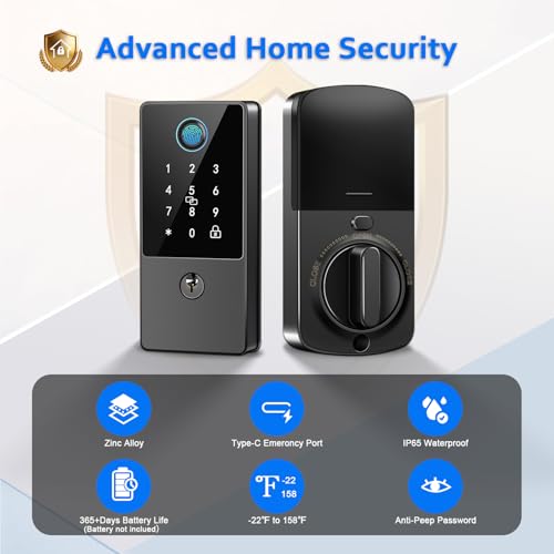 Smart Door Lock Deadbolt, Keyless Entry Door Lock with Fingerprint & Keypad,App Control,Auto Lock,Secure Electronic Digital Lock for Front Door Home Apartment Rental,Easy Installation,Matte Black - image 5