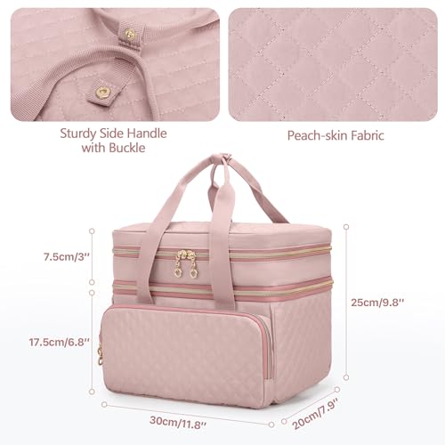 Image of YARWO Double-Layer Sewing Supplies Organizer Bag with 5 Detachable Dividers | Portable Sewing Accessories Storage Case, Multi Pockets for Sewing Kits, Top Handle, Gifts for Sewing Beginner, Dusty Rose