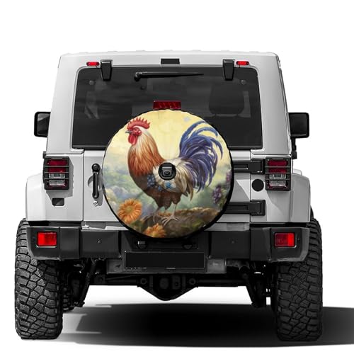 Image of Delerain Spare Tire Cover with Backup Camera Hole Lovely Rooster Wheel Covers Waterproof Dust-Proof UV Sun Universal Fit for RV Trailer RV SUV Truck (17 Inch for Diameter 31 inch-33 inch)