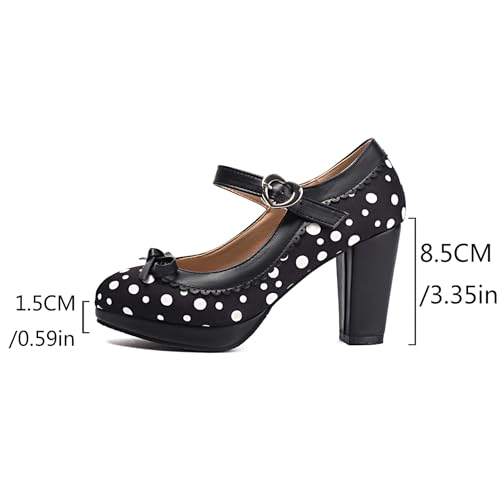 Gicoiz Women Polka Dot Mary Jane Block High Heels Pumps Bow3