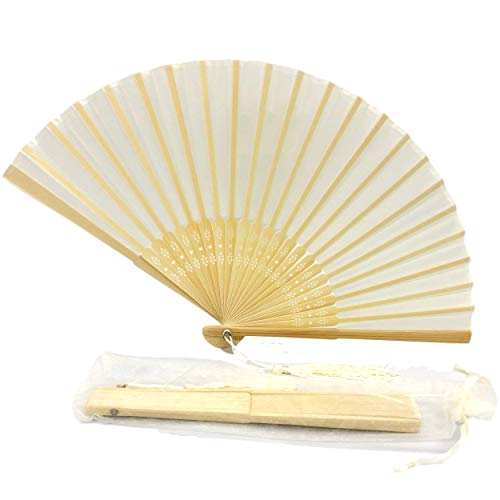 Image of Fabric Handheld Folding Hand Fan With a Tassel Grade A Bamboo Ribs for Women Girls Summer Party Event Favor Birthday Wedding Souvenir Gift (Ivory Beige)