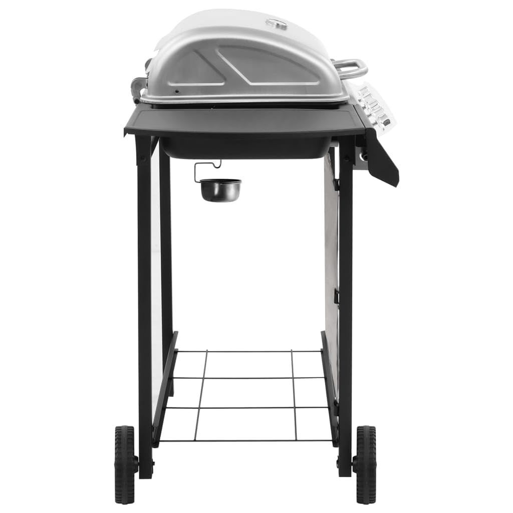 Barbecue a gas con 4 fuochi, stazione barbecue da giardino con copertura, termometro e ripiani, nero e argento