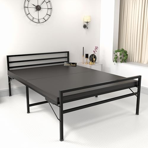 Image of Honey Touch Jasper Folding Double Bed with Mattress | No Assembly Required | Foldable Bed for Sleeping /Guests /Rented Apartments /Bedroom(4x6.25ft, Black)