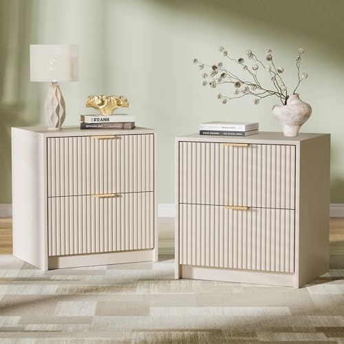 Furniway Nightstands Set of 2, Fluted Nightstand with Gold Metal Handles and 2 Drawers, Modern Bedside Table, 19.6" Wide Wood End Table for Bedroom, Beige