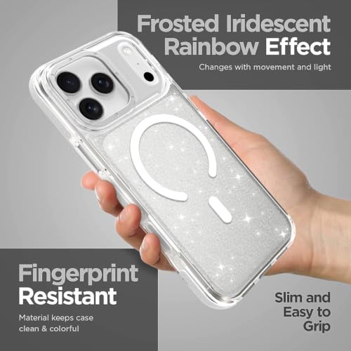 Image of Magnetic Case for iPhone 17 Pro [Compatible with Magsafe] [Bling Glitter Fluorescent Design] [1 Screen Protector] Slim Translucent Matte Case for iPhone 17 Pro 6.3 inch 2025, White