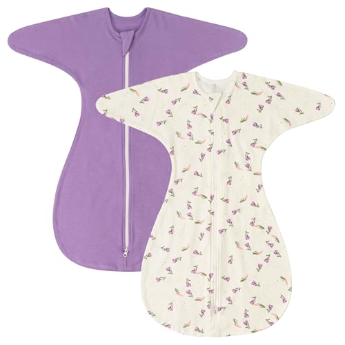 Image of ZIGJOY Shark-Fin Transition Swaddle - 1.0 Tog Baby Sleep Sack Soft Cotton Transitional Swaddle Baby Wearable Blanket with 2-Way Zipper for All Seasons, Purple&Flower, 3-6 Months