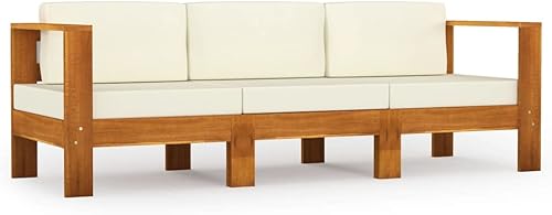 vidaXL Sofá de patio de 3 plazas de madera de acacia maciza con cojines, juego de salón al aire libre