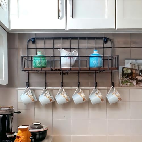 Image of Wood Karigari Floating Wall Shelf for Bedroom, Living Room, Bathroom, Kitchen, Office Storage Wall Mount Shelf with 6 Hooks (MDF Metal Black Powder Coated