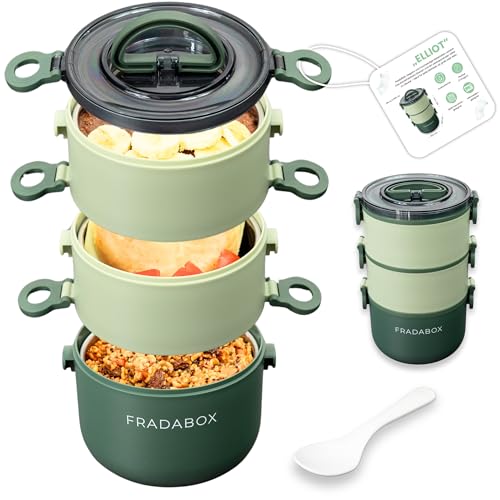 FRADABOX® Fiambrera Bento Elliot de 2400 ml, 3 niveles con cubiertos, lata de acero inoxidable premium, color verde, sin BPA, fiambrera grande, para adultos, antigoteo y apta para microondas
