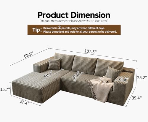 Image of 107.5 inch Cloud Modular Sectional Sofa Couch with L-Shape Chaise,Modern Minimalist Upholstered Couches for Living Room Bedroom,Deep Seat Corner Couch,No Assembly Required (Camel,Left Facing Chaise)