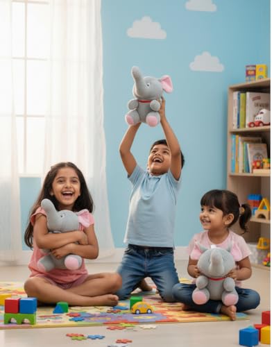 Image of Cute Elephant Plush Toy Pack of 2 | Super Soft Stuffed Elephants for Kids, Lightweight Soft Toys with Pink Ears for Birthdays (Color Will be Sent as per Availability in Stock)