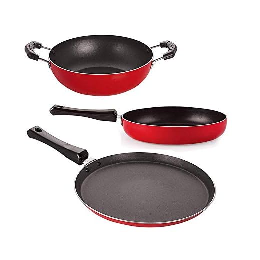 Nirlon Non-Stick Aluminium Mini Cookware Set (Tawa, Fry Pan, Kadhai), Red