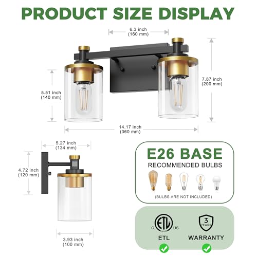 Image of DORESshop 2-Light Black and Gold Bathroom Light Fixtures, Vanity Lights Fixture with Clear Glass Shade, Bathroom Vanity Light for Mirror Kitchen Bedroom, Modern Wall Lights Over Mirror