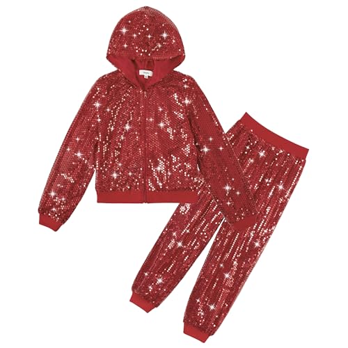 Image of LOLANTA 2Pcs Girls Dance Outfits Cropped Sequin Jacket Pants Set, Kids Hip Hop Dance Costumes for 80s 90s Party 5-15 Years