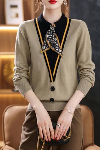 Image of LAI MENG FIVE CATS Women's Fall Tie Neck Sweater Shirt Long Sleeve Patchwork Knit Retro Pullover Tops