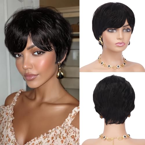 Sidaila Human Hair Pixie Wig Short Wig with Bangs Wear and Go Black