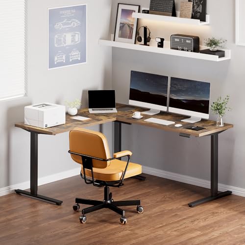 Image of FLEXISPOT L Shaped Standing Desk, 71 x 63 Inch Electric Height Adjustable Corner Desk, Sit Stand Computer Workstation, Preset Controller, Home Office, Black Frame with Rustic Brown Top