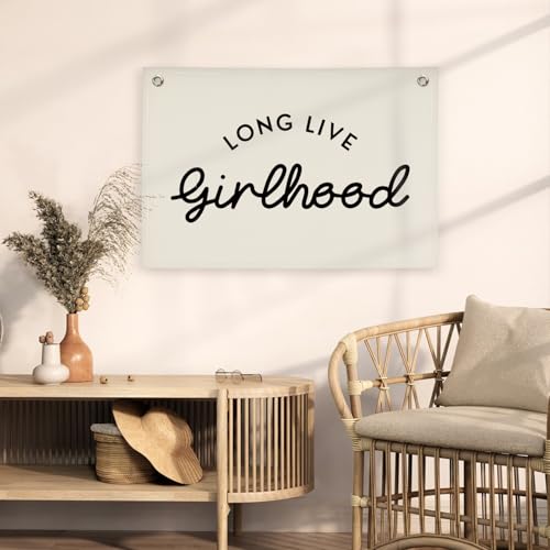 Image of Girl Room Decor Long Live Girlhood Linen Banner Hanging Flag Retro Banner for Nursery Playroom Wall Decor for Kids Bedroom Decorations,Baby shower gifts 30x20(Black Letter)