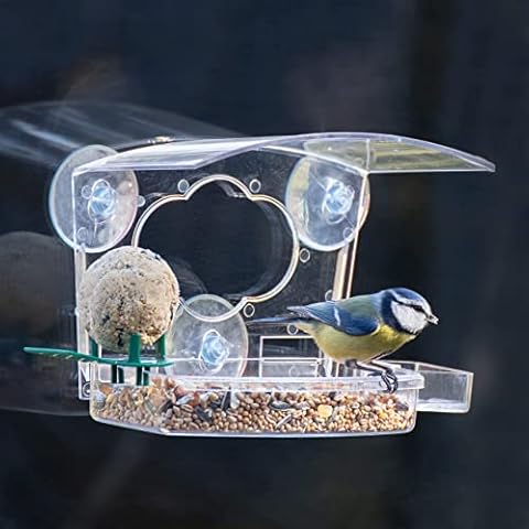 iBorn Window Bird Feeder with Strong Suction Cups Balcony for Wild Birds, Finch, Cardinal, Bluebirds Bird House with, Drinking-Water Sink, Fatball Perch Cover