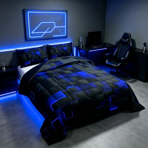 Image of Erosebridal Black Navy Royal Blue Comforter Set Twin Neon Geometric Checkered Bedding Set for Teen Boys Gamer Room Decor,Abstract Stereoscopic Grids Quilt Square Plaid Check Bed Set 2 Pcs