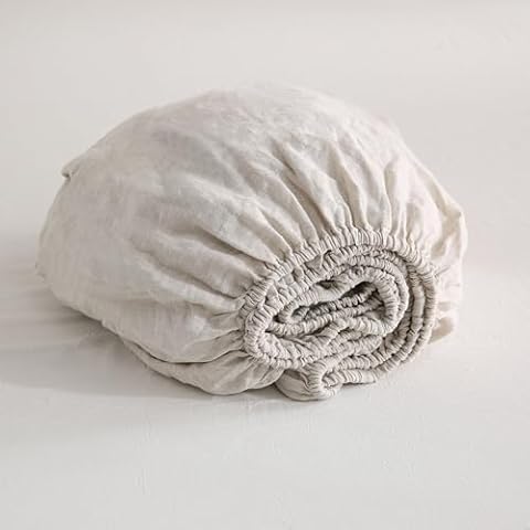 S VICTORY SYMBOL 100% Linen Fitted Sheet Stone Washed Solid Color - (1 Piece) 16 inch Deep Pocket Mattress Cover Soft Natural Breathable(King Size,Natural Linen) Cover