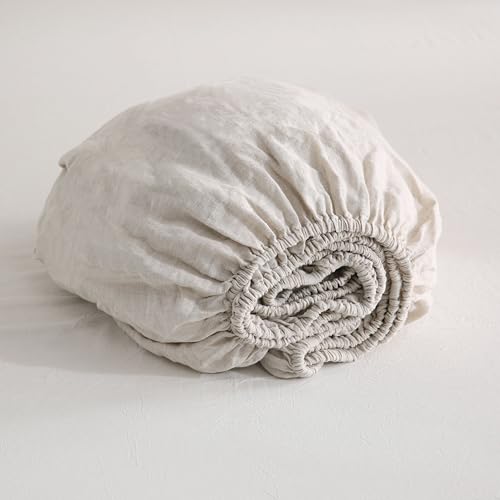 S VICTORY SYMBOL 100% Organic Linen Fitted Sheet King Size 1 Piece,Stone Washed Pure Linen Sheet Solid Color,16inch Deep Pocket Mattress Cover,Soft Natural Breathable(Natural Linen) by S VICTORY SYMBOL - Used condition - US$75.12