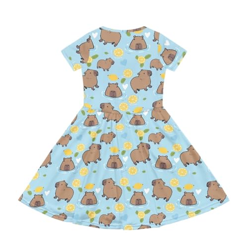 Image of Girls Dress with Pockets Basic Short Sleeve High Waist Swing Skater Dress School Party Dress for Kids