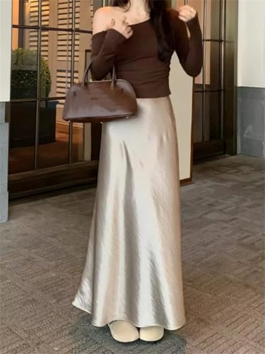 Women's A-Line Satin Fishtail Skirt Elastic Waist Summer Solid Casual Long Loose Daily Skirt3