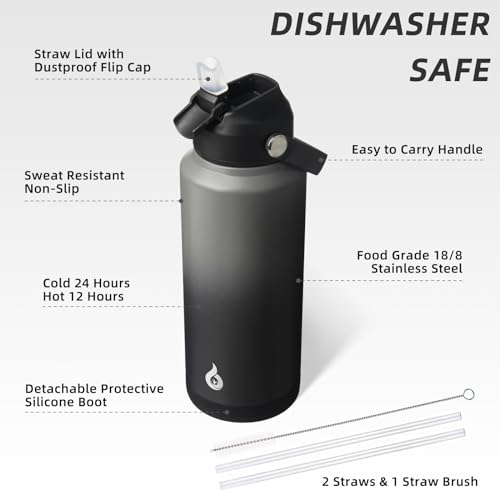 Image of BJPKPK Water Bottle with Straw Lid, 32oz Vacuum Insulated Water Bottles, Metal Stainless Steel Thermo for Sports, Travel, BPA Free Leak Proof Thermo, Cups, Flasks, Tumblers,Black Grey