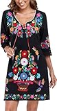 Mexican Dress for Women Embroidered Floral Dress V Neck Traditional Fiesta 3/4 Sleeve Lace Dress (M, 323BK)