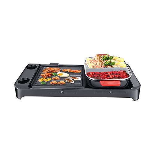 SEAAN Electric Hot Pot with Grill Indoor Separable Korean BBQ Grill Shabu Shabu Pot with Divider Non-Stick Pan Dual 5-Gear Temperature Control 1-4 People Gathering 110V