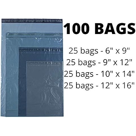 Calzette 100 Sealable Plastic Bags Mixed Sizes - 25 x 4 Sizes Mailing Postal Bags - Grey Postage Envelopes for Packaging and Posting - Self Seal Poly Mailers Cover