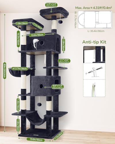 Image of Globlazer Heavy Duty Cat Tree Tower 80in Tall Extra Large Cat Tree Tower for Multiple Indoor Cats Large Adult with Scratching Posts, 2 Spacious Condos, Padded Perches, Soft Hammock, S80B, Dark Grey