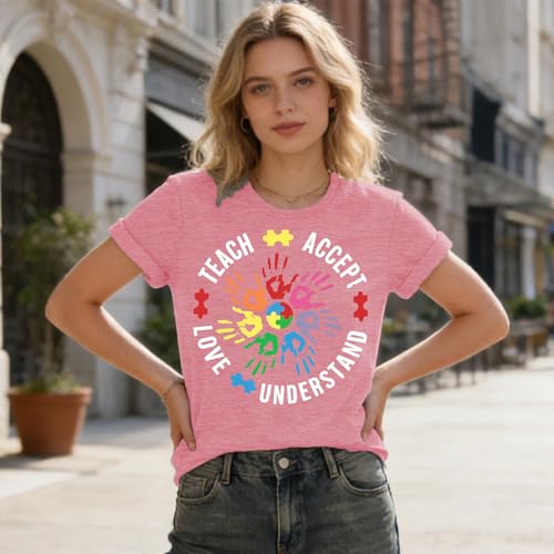 Image of Autism Teach Shirts Women Autism Awareness T Shirt Autism Support Tee Tops Autism Teacher Short Sleeve Shirt