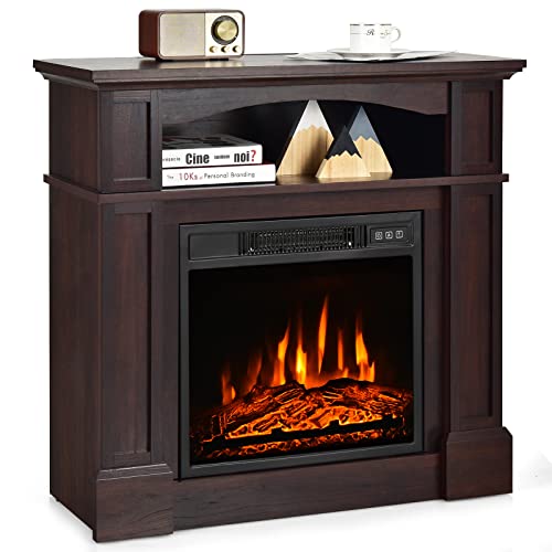 Goflame 32" Electric Fireplace With Mantel And Remote Control, Freestanding Heater With 3-Level Adjustable Flame Brightness And Overheat Protection, Wooden Mantel With Open Compartment, 1400W (Brown) #TOP25